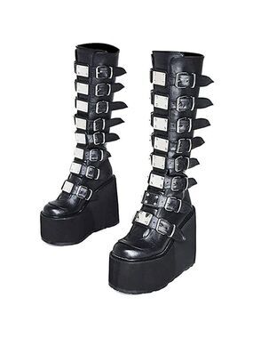 Gothic Punk Knee-High Boots Wedge Heel Platform Combat Halloween